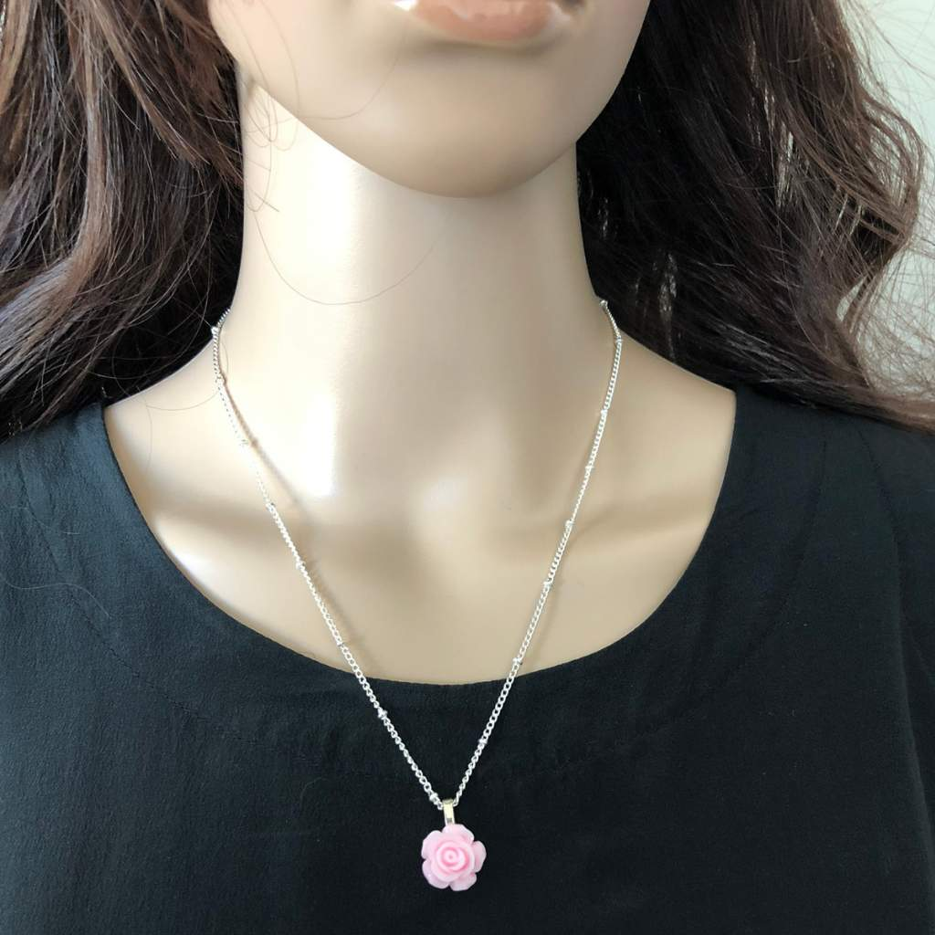Pink Rose Flower Pendant Necklace-Flower,Pink,Silver Necklaces