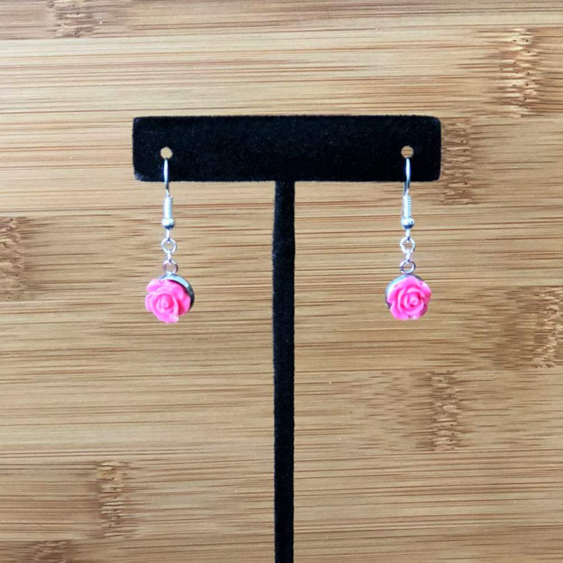 Pink Rose Flowered Dangle Earrings-Dangle Earrings,Pink,Silver Earrings