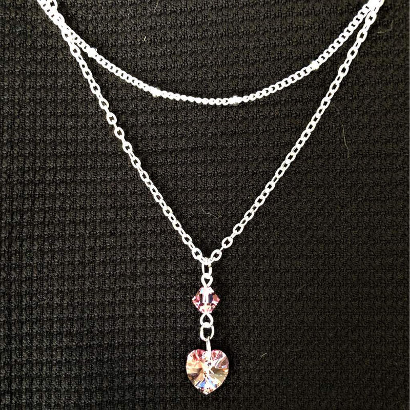 Pink Swarovski Crystal Heart and Stone Layered Silver Necklace-Heart,Layered Necklaces,Pink,Silver Necklaces