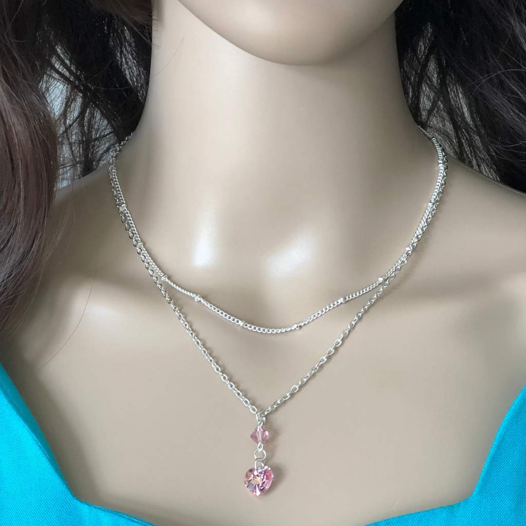 Pink Swarovski Crystal Heart and Stone Layered Silver Necklace-Heart,Layered Necklaces,Pink,Silver Necklaces