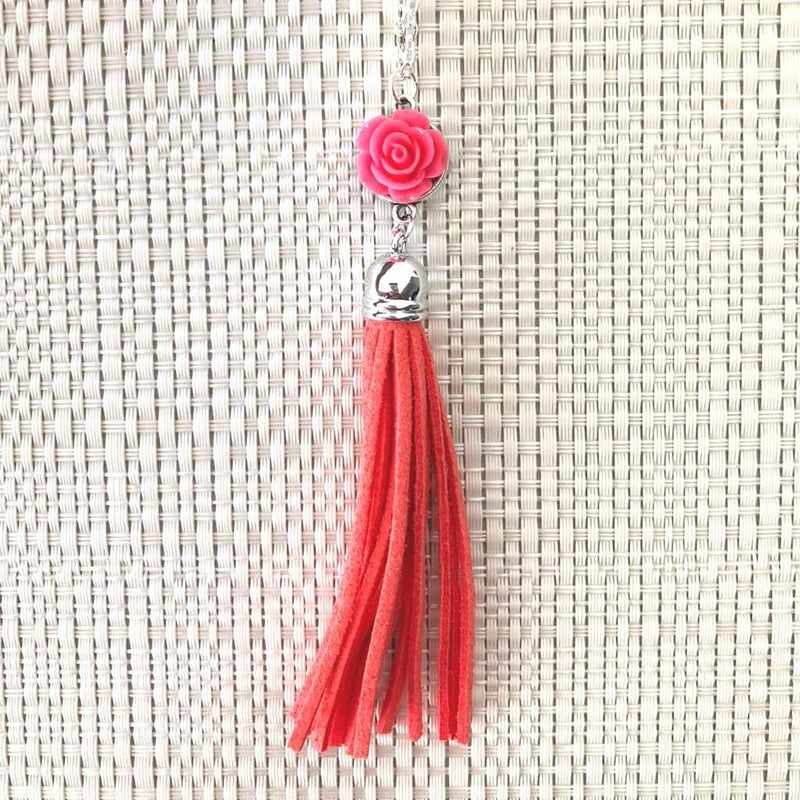 Pink Rose Flower and Tassel Long Necklace-Long Necklaces,Silver Necklaces,Tassel Necklaces