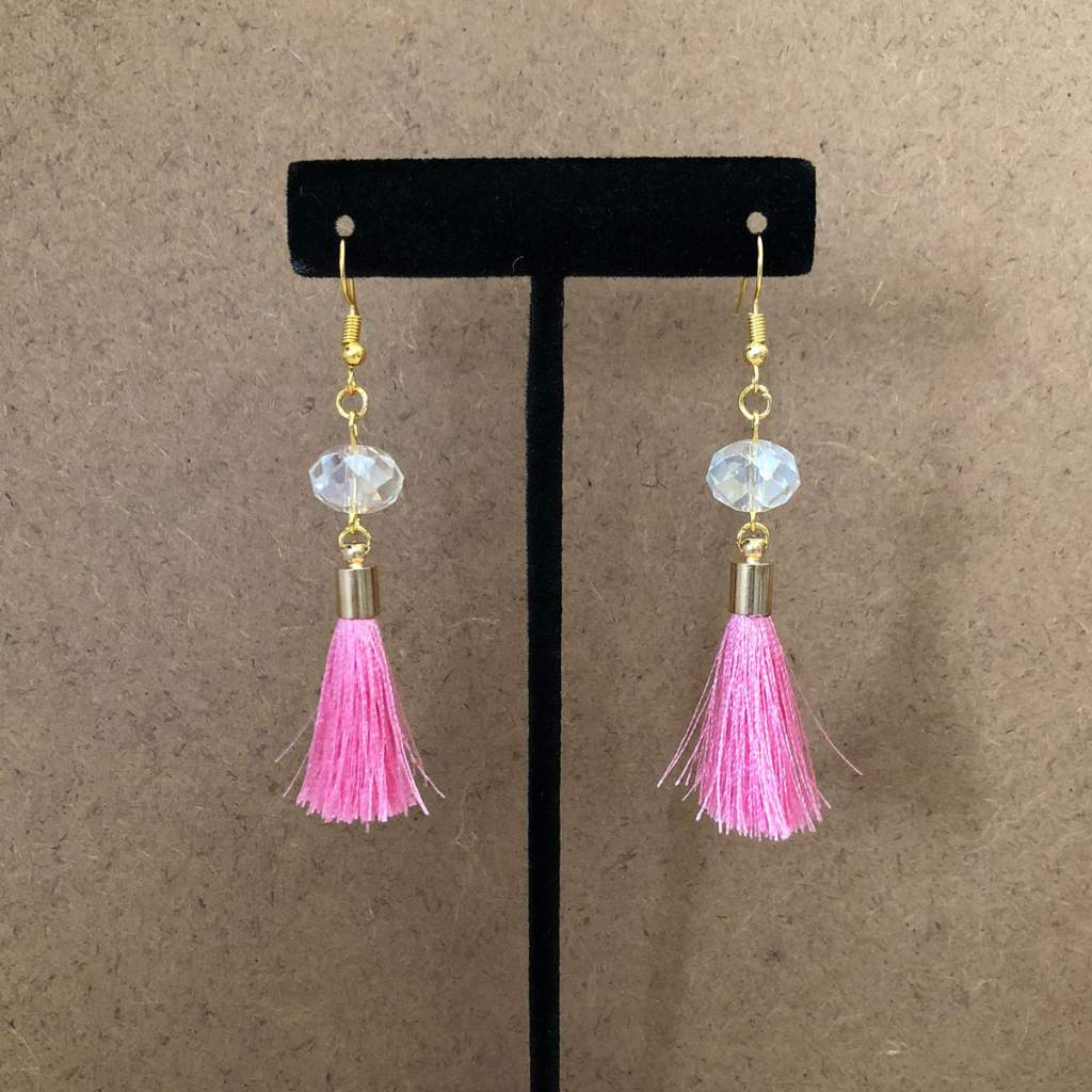 Pink Tassel and Clear Crystal Dangle Earrings-Dangle Earrings,Pink,Tassel Earrings