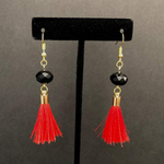 Red Tassel and Black Crystal Dangle Earrings-Black,Dangle Earrings,Red,Tassel Earrings