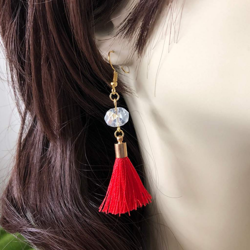 Red Tassel and Clear Crystal Dangle Earrings-Dangle Earrings,Tassel Earrings