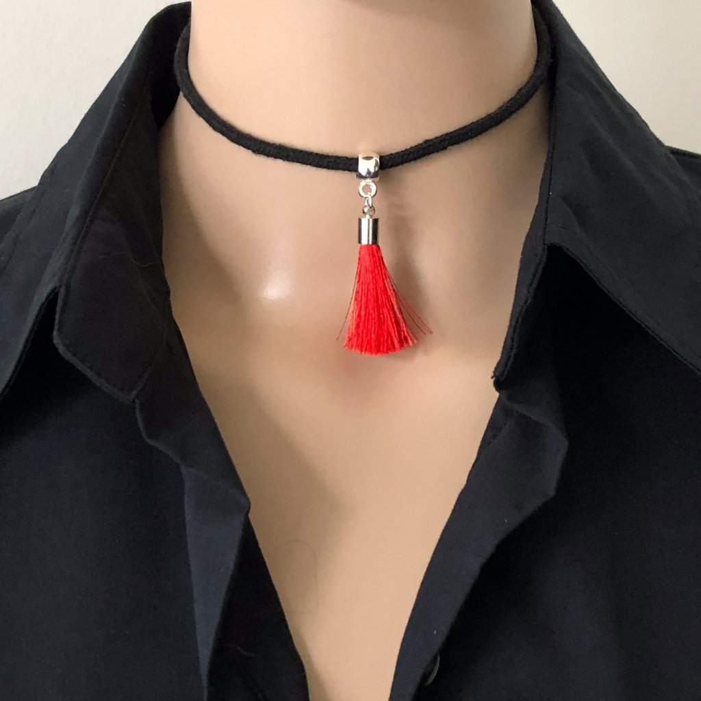 Red Tassel Choker with Black Cord-Black,Chokers,Red,Tassel,Tassel Necklaces