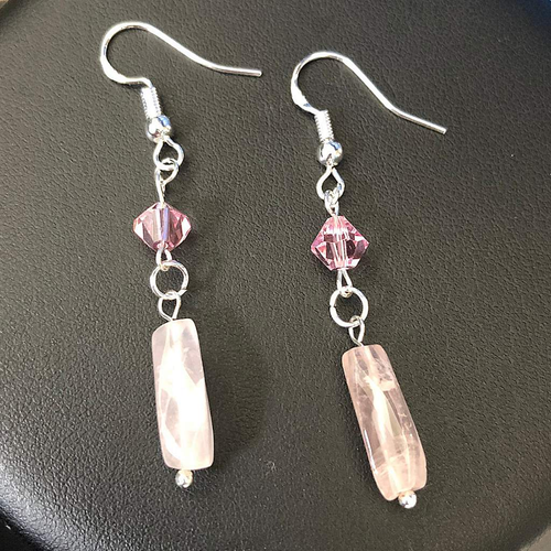 Rose Quartz and Swarovski Crystal Dangle Earrings-Dangle Earrings,Pink