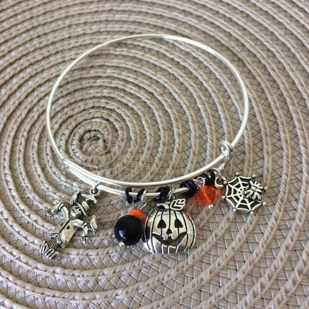 Halloween Pumpkin, Scarecrow, and Spider Web Bangle Bracelet-Bangle Bracelets,Halloween,Silver Bracelets