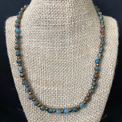 Sea Blue Opal And Bronzite Mens Beaded Necklace-Beaded Necklaces,Blue