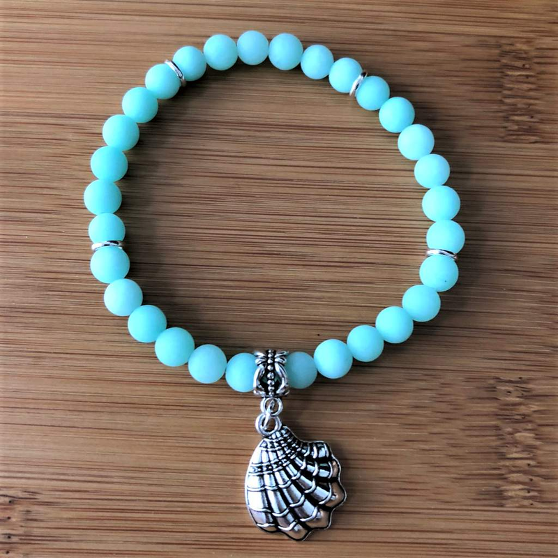 Matte Sea Green Jade Beaded Bracelet with Silver Clam Shell-Beaded Bracelets,Green,Stacked