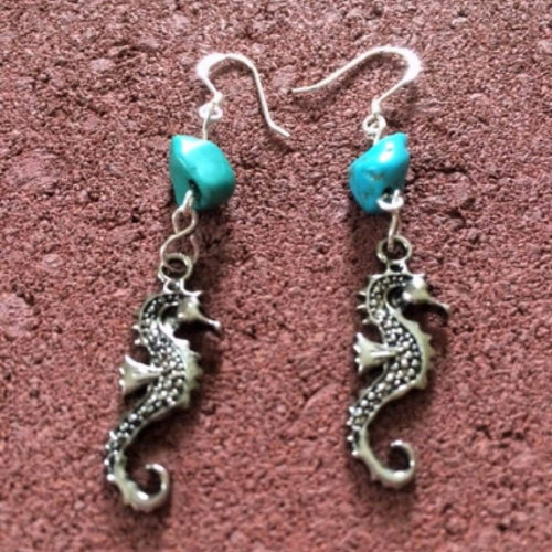 Silver Seahorse Dangle Earrings-Dangle Earrings,Silver Earrings,Turquoise