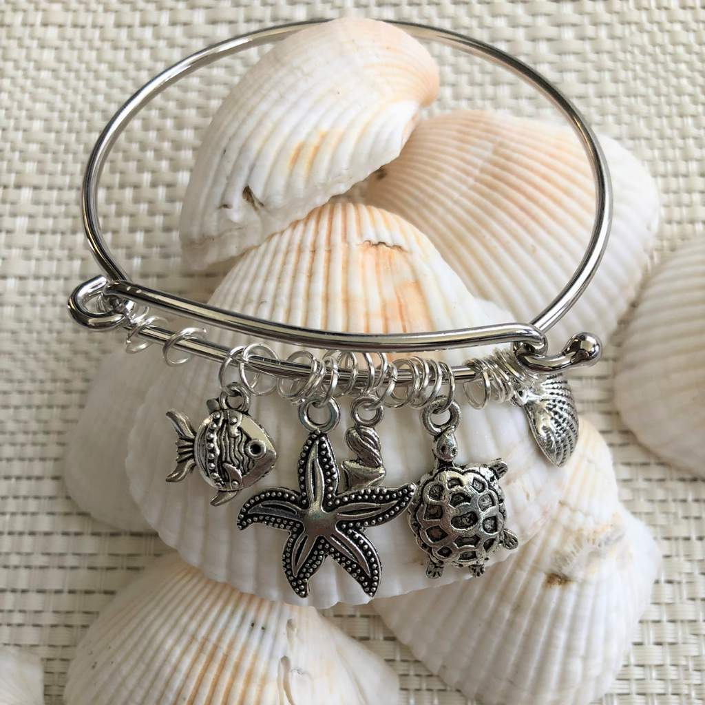 Beach Themed Silver Shell Bangle Bracelet-Bangle Bracelets,Charms,Silver Bracelets
