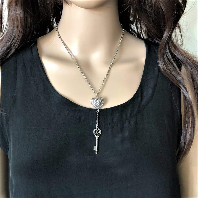 Silver Bubble Heart and Key Lariat Necklace-Heart,Necklaces,Silver Necklaces