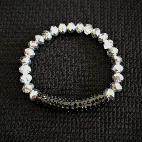 Silver Crystal Beaded Bracelet  with Black Crystal Bar-Beaded Bracelets,Silver Bracelets,Stacked