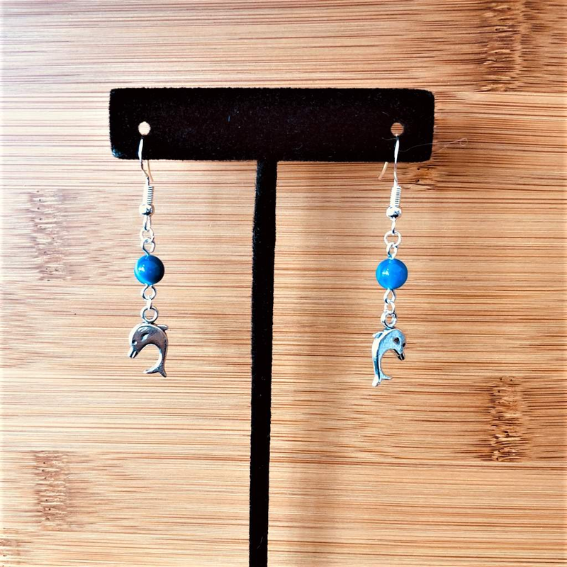 Silver Dolphins and Blue Agate Beaded Earrings-Dangle Earrings,Silver Earrings