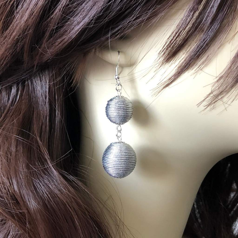 Silver Double Thread Ball Earrings-Dangle Earrings,Silver Earrings