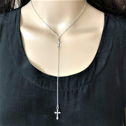 Silver Double Cross Drop Chain Necklace-Chains,Cross,Religious,Silver Necklaces