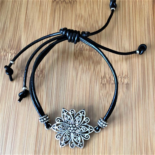 Silver Flower Black Leather Adjustable Bracelet-Flower,Silver Bracelets