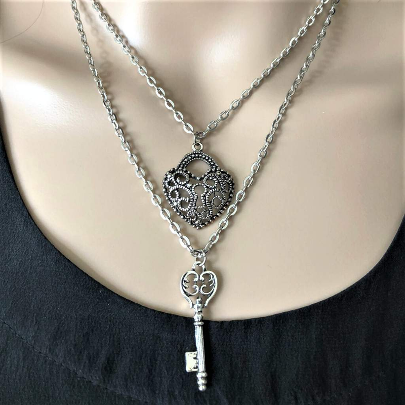 Silver Heart and Key Layered Necklace-Heart,Layered Necklaces,Silver Necklaces