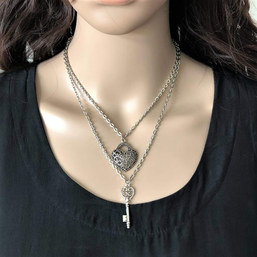 Silver Heart and Key Layered Necklace-Heart,Layered Necklaces,Silver Necklaces