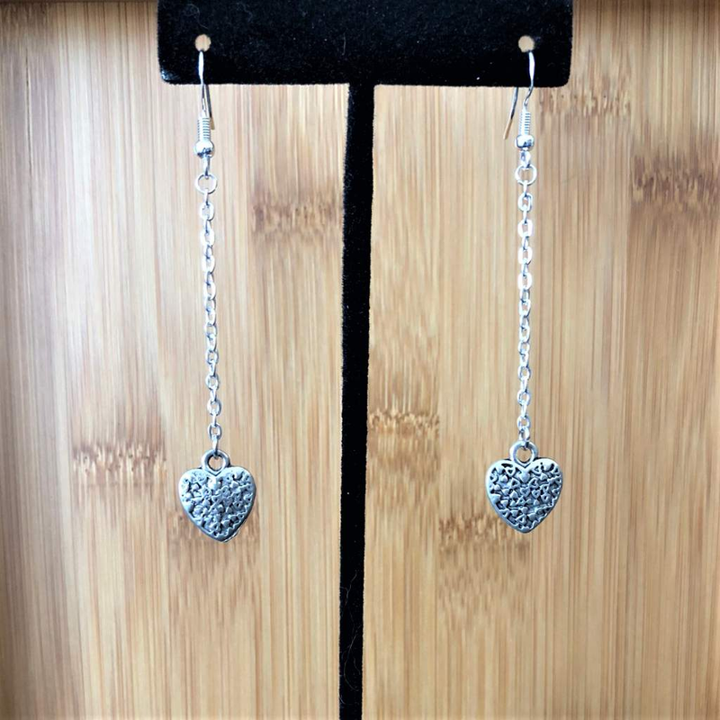Silver Heart Long Dangle Earrings-Dangle Earrings,Heart,Silver Earrings