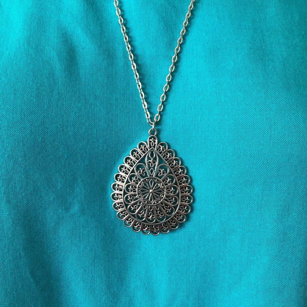 Silver Ornate Layered Long Teardrop Pendant Necklace-Layered Necklaces,Long Necklaces,Silver Necklaces