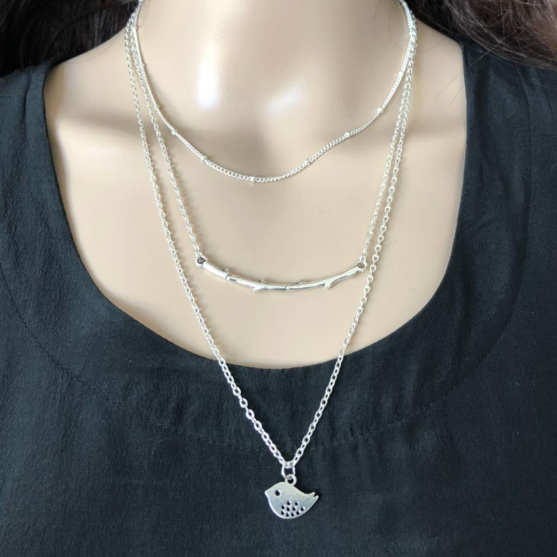 Layered Branch and Dove Silver Necklace-Layered Necklaces,Silver Necklaces
