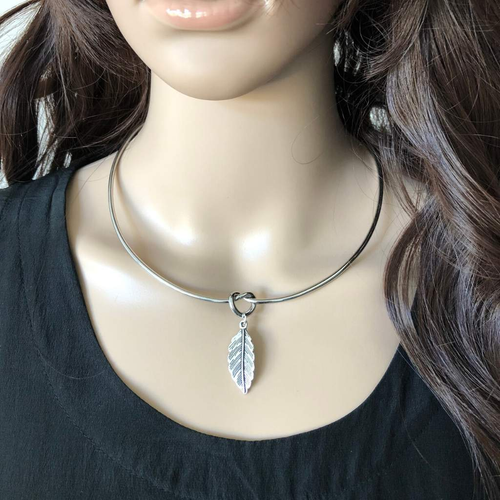 Silver Leaf Charm on Metal Choker-Chokers,Silver Necklaces