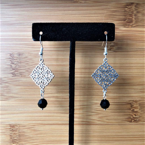 Silver Ornate Diamond and Black Crystal Dangle Earrings-Black,Dangle Earrings,Silver Earrings