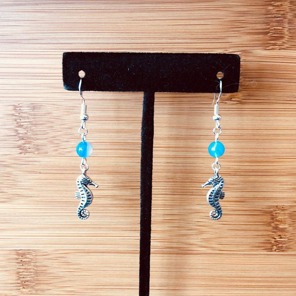 Silver Seahorse and Blue Agate Beaded Earrings-Blue,Dangle Earrings,Silver Earrings