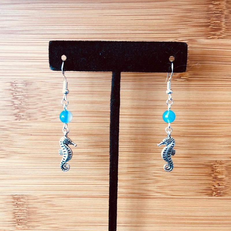 Silver Seahorse and Blue Agate Beaded Earrings-Blue,Dangle Earrings,Silver Earrings
