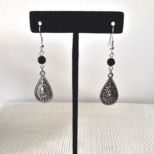 Silver Teardrop and Black Crystal Drop Earrings-Black,Dangle Earrings,Silver Earrings
