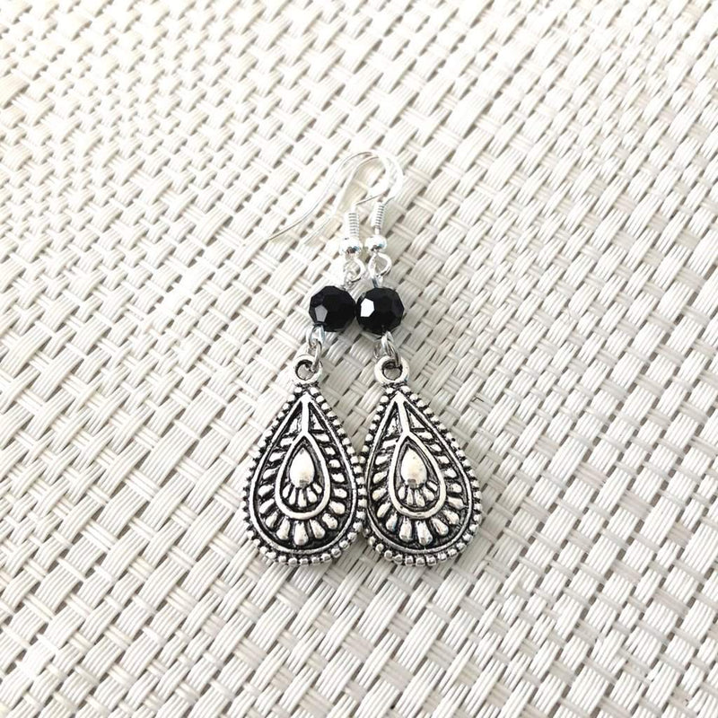 Silver Teardrop and Black Crystal Drop Earrings-Black,Dangle Earrings,Silver Earrings