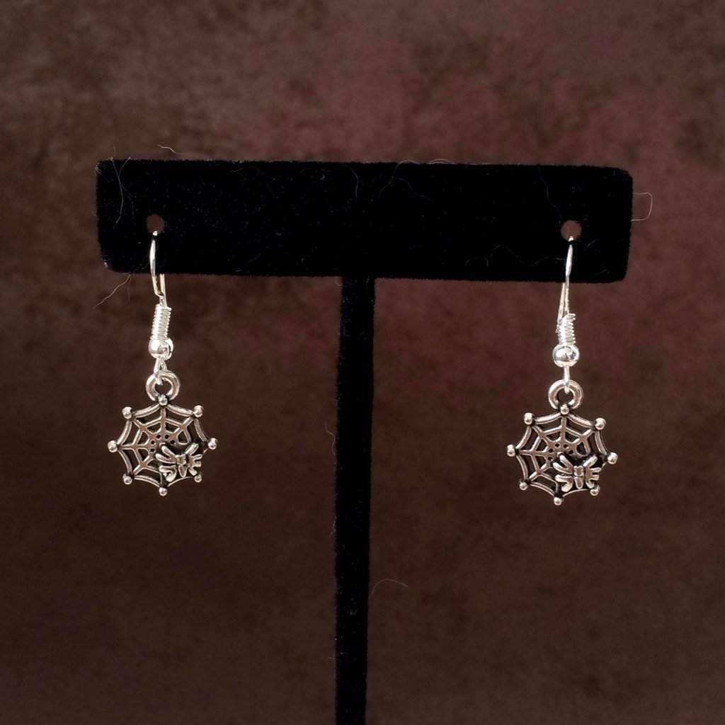 Halloween Spider on Spiderweb Dangle Earrings-Dangle Earrings,Halloween,Silver Earrings