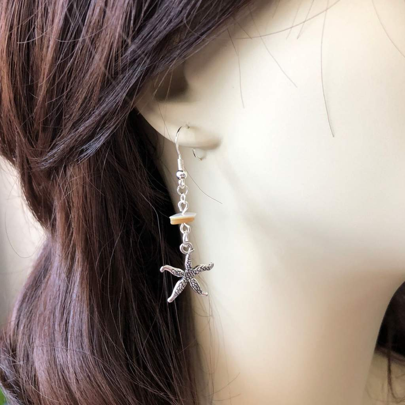 Silver Starfish and Shell Dangle Earrings-Dangle Earrings,Silver Earrings