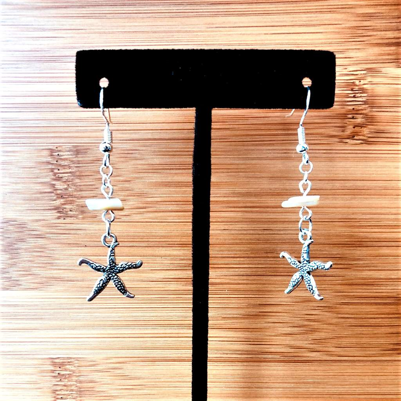 Silver Starfish and Shell Dangle Earrings-Dangle Earrings,Silver Earrings