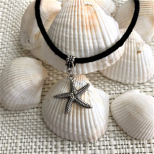 Silver Starfish Charm Choker-Black,Chokers