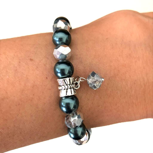 Tahitian Swarovski Pearl and Silver Crystal Beaded Bracelet-Beaded Bracelets,Blue,Stacked