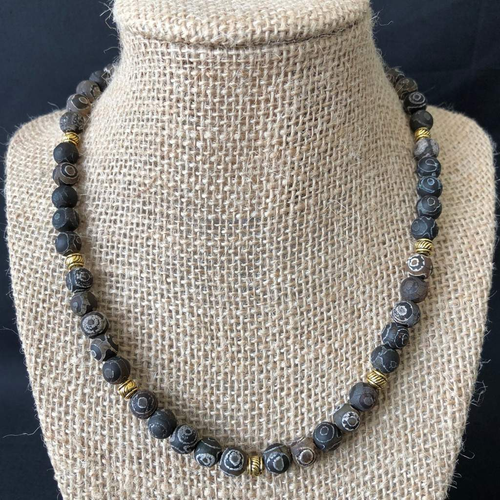 Black and Gray Swirl Matte Agate Mens Beaded Necklace-Beaded Necklaces
