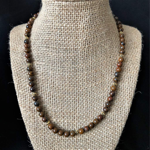 Tiger Iron Brown Mens Beaded Necklace-Beaded Necklaces,Brown,mens