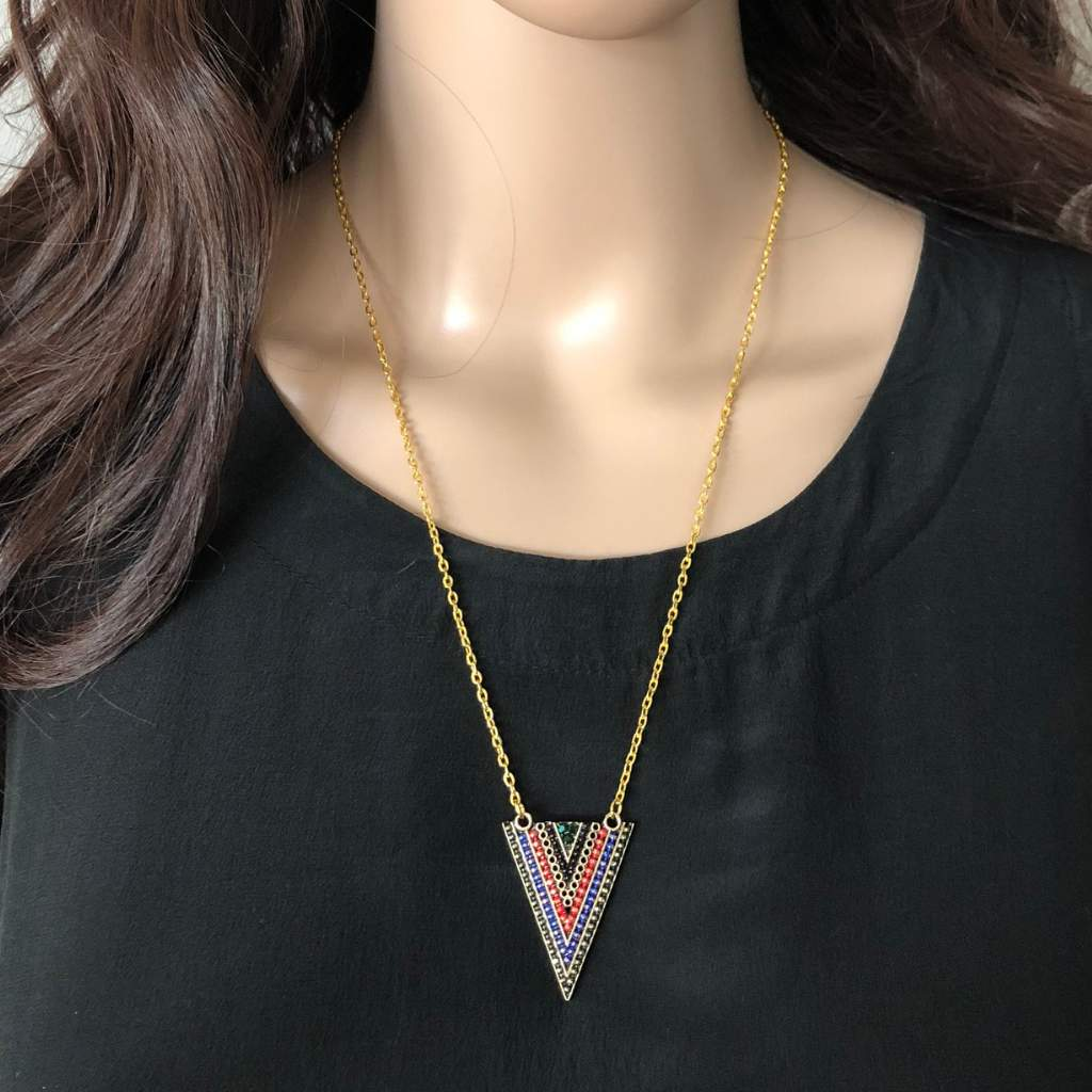 Multi Color Triangle Pendant Necklace-Blue,Gold Necklaces,Necklaces,Red