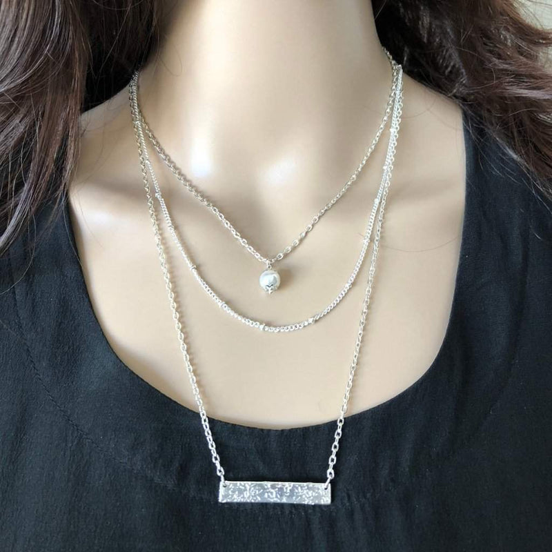 Silver Triple Layered Bar and Pearl Necklace-Layered Necklaces,Silver Necklaces