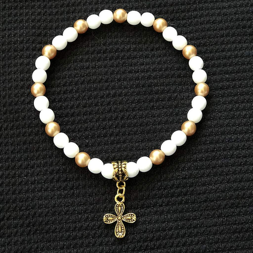 White and Gold Beaded Cross Mens and Womens Bracelet-Beaded Bracelets,Cross,Religious,Stacked,White