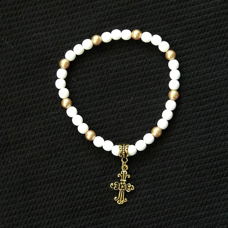 White and Gold Beaded Cross Mens Bracelet-Beaded Bracelets, Cross, Religious, White