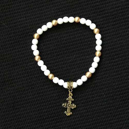White and Gold Beaded Cross Unisex Bracelet-Beaded Bracelets,Cross,Religious,White