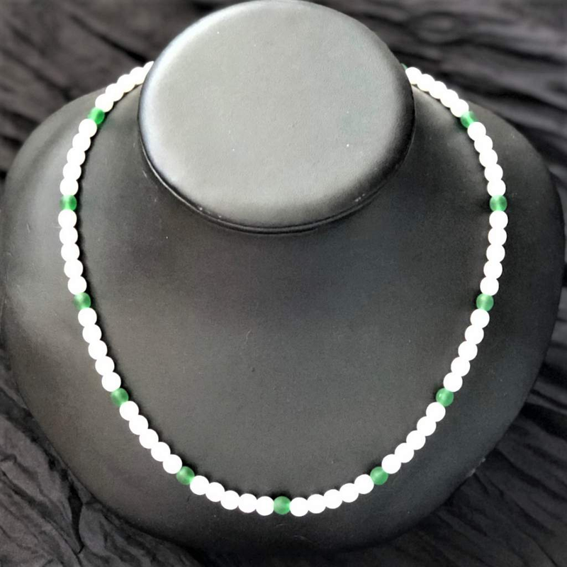 White and Green Beaded Mens Necklace-Beaded Necklaces,Green,mens,White