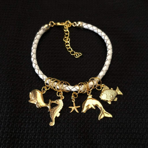White Leather Bangle Bracelet with Gold Sea Life Charms-Leather Bracelets,White