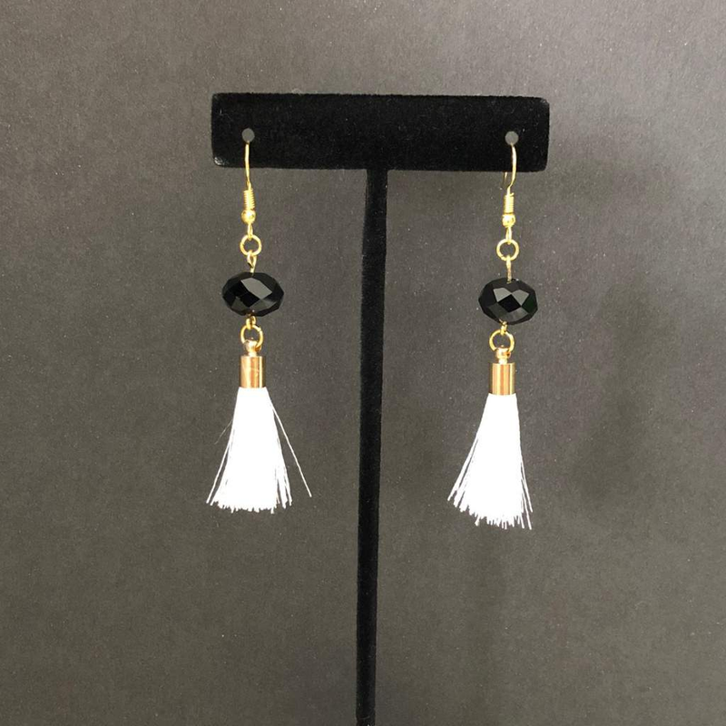 White Tassel and Black Crystal Dangle Earrings-Black,Dangle Earrings,Tassel Earrings,White