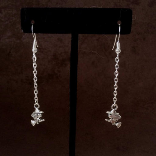 Halloween Silver Witch Long Dangle Earrings-Halloween,Silver Earrings
