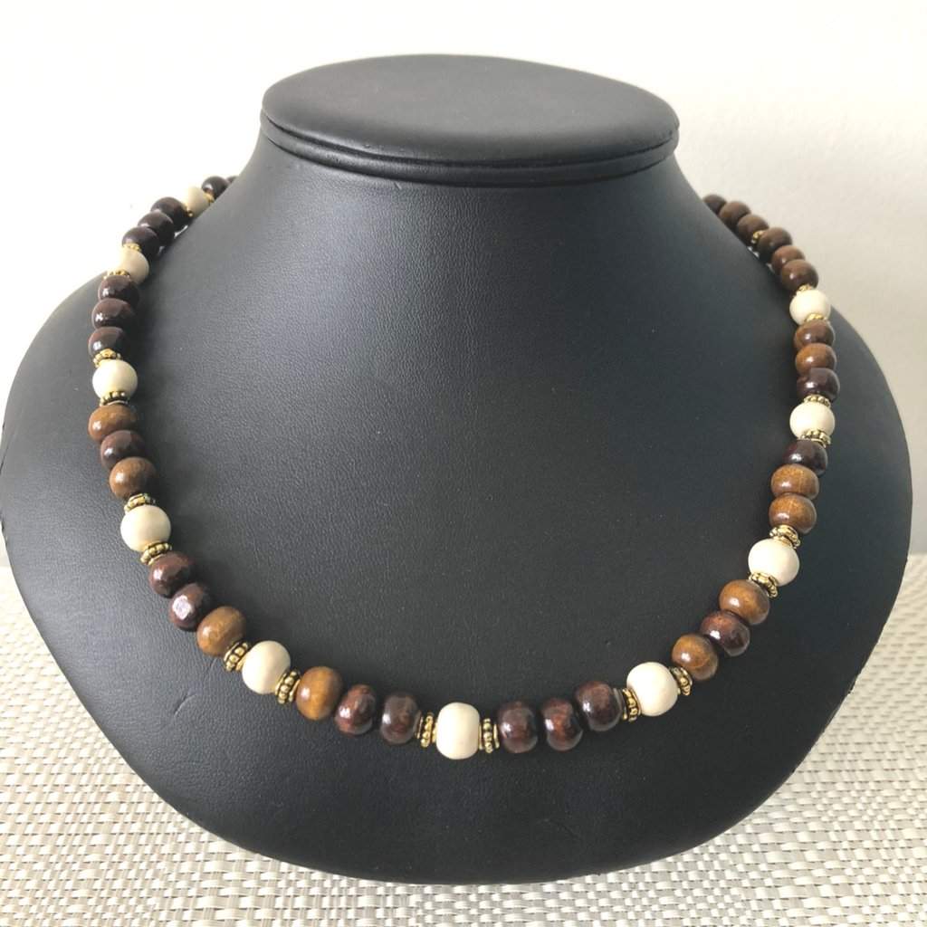 Brown and Beige Wood Beaded Mens Necklace-Beaded Necklaces,Brown