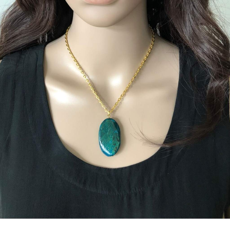 Yellow Turquoise Oval Stone Gold Chain Necklace-Gold Necklaces,Green